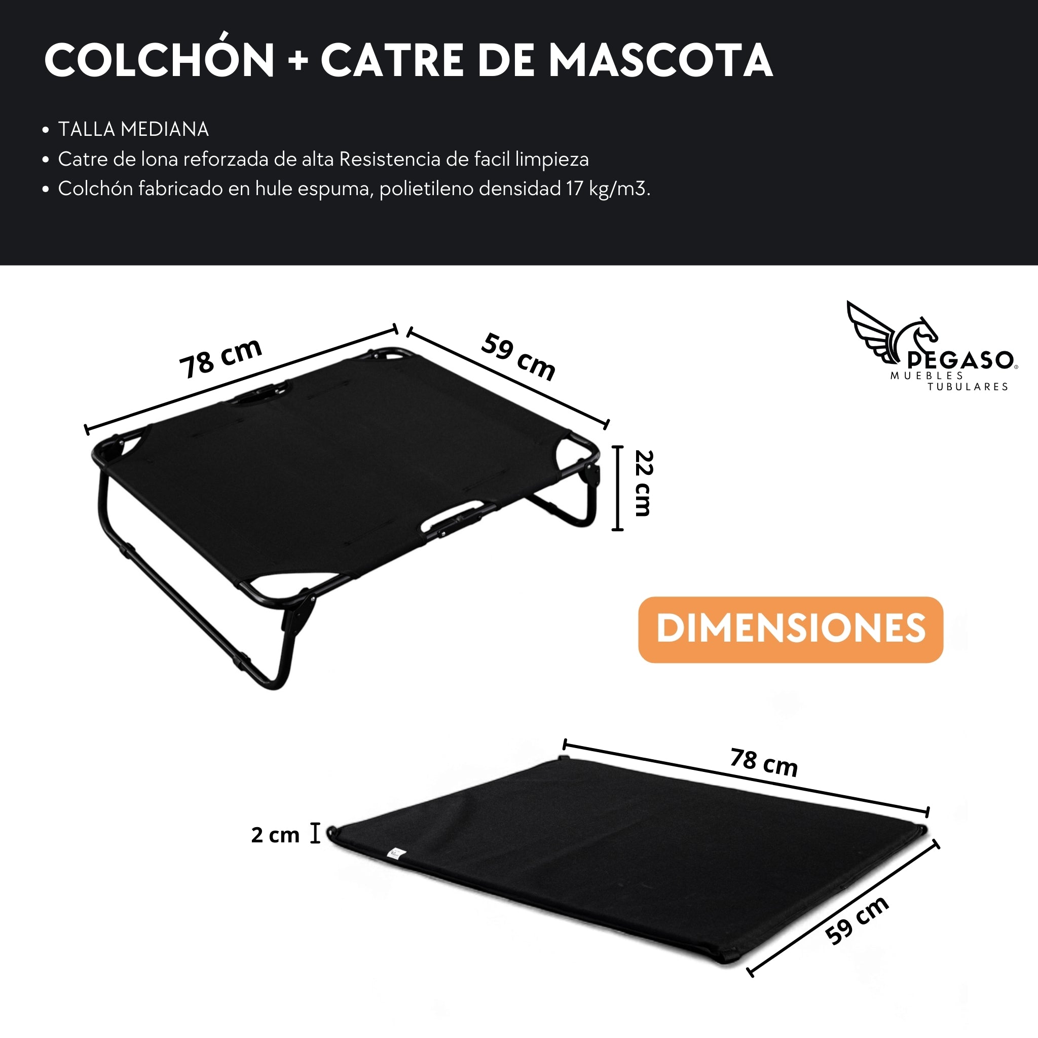 PEGASO KIT Bed/Cot + Medium Dog Mat, 78 x 59 x 18 cm (Mod KM-MD)