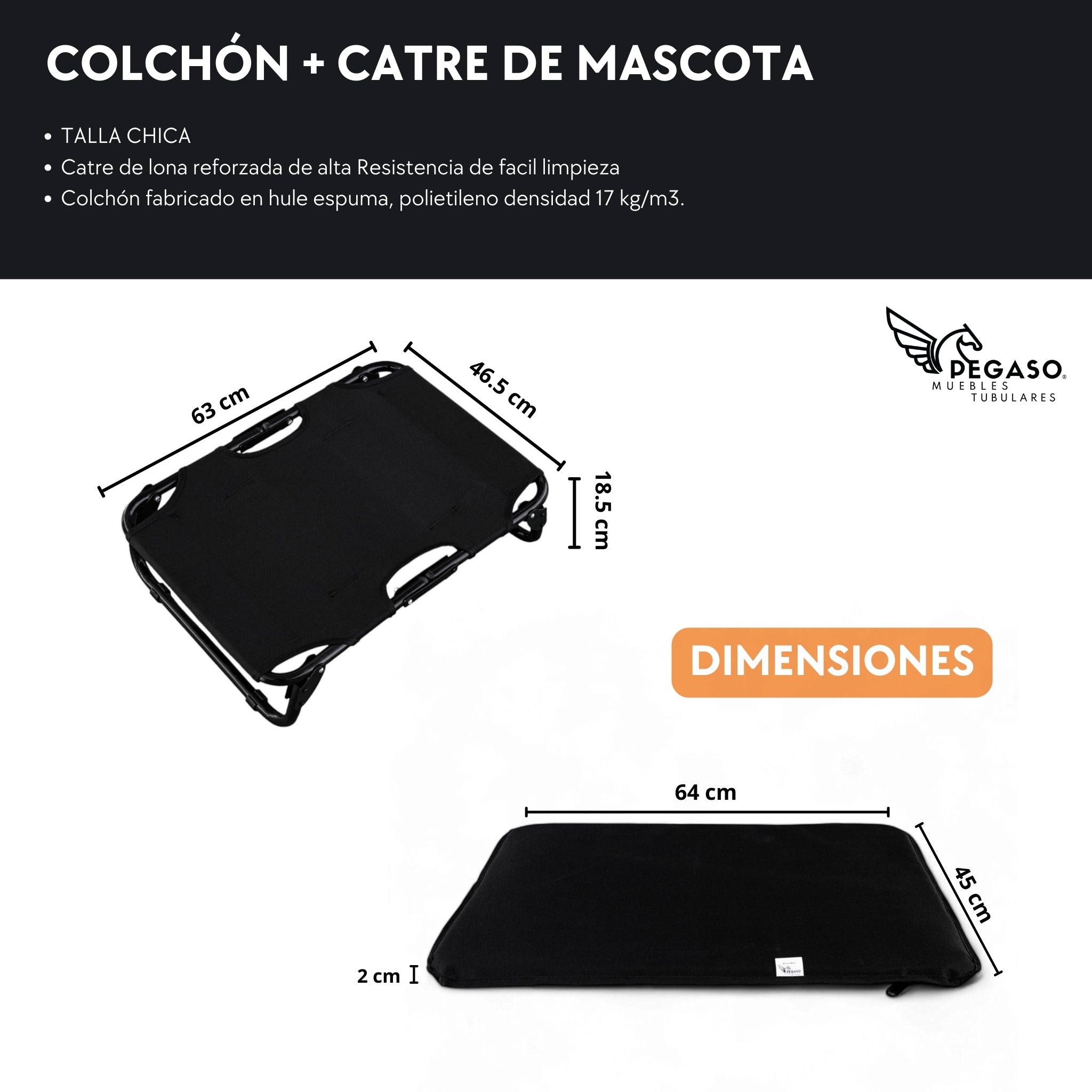 PEGASO KIT Cama/Catre + Colchoneta para Perro tamaño Chico, 63 x 46.5 x 18.5 cm (Mod KM-CH)